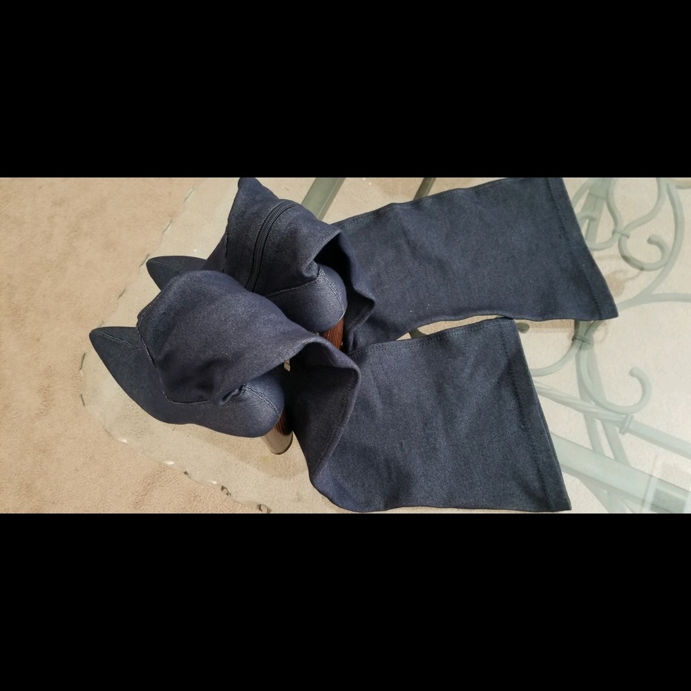 Denim knee high heeled boots